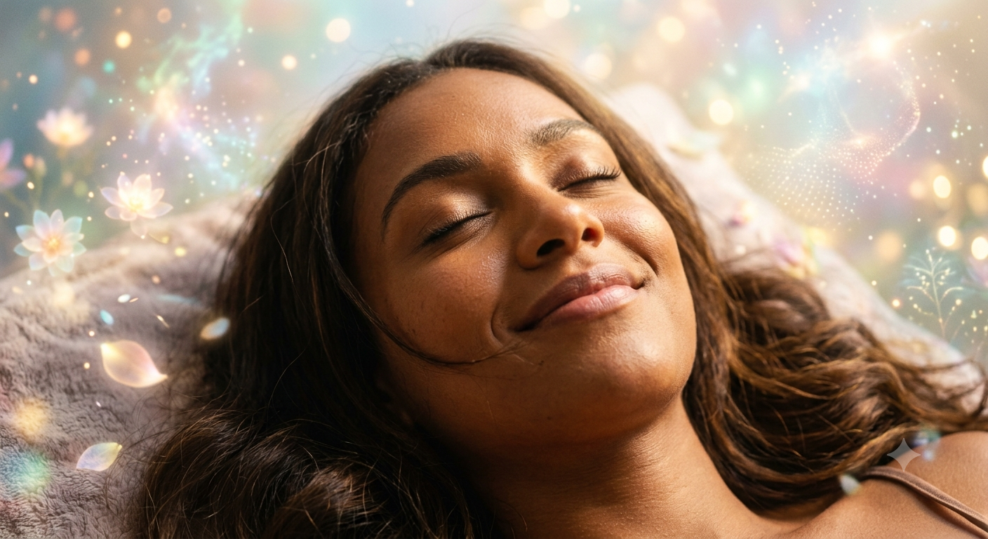Woman resting with eyes closed surrounded by soft glowing light and flowers