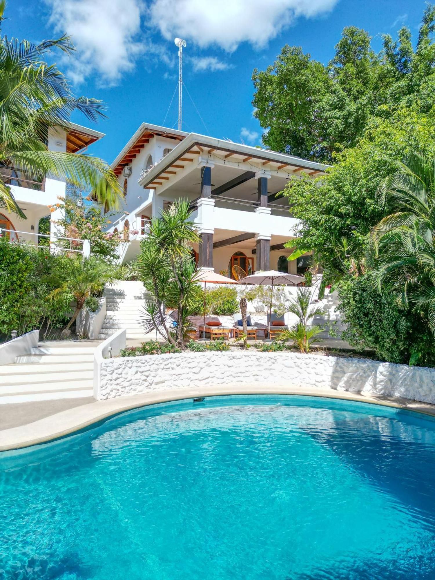 Whitewashed villa rising above a turquoise pool, framed by palms and bougainvillea
