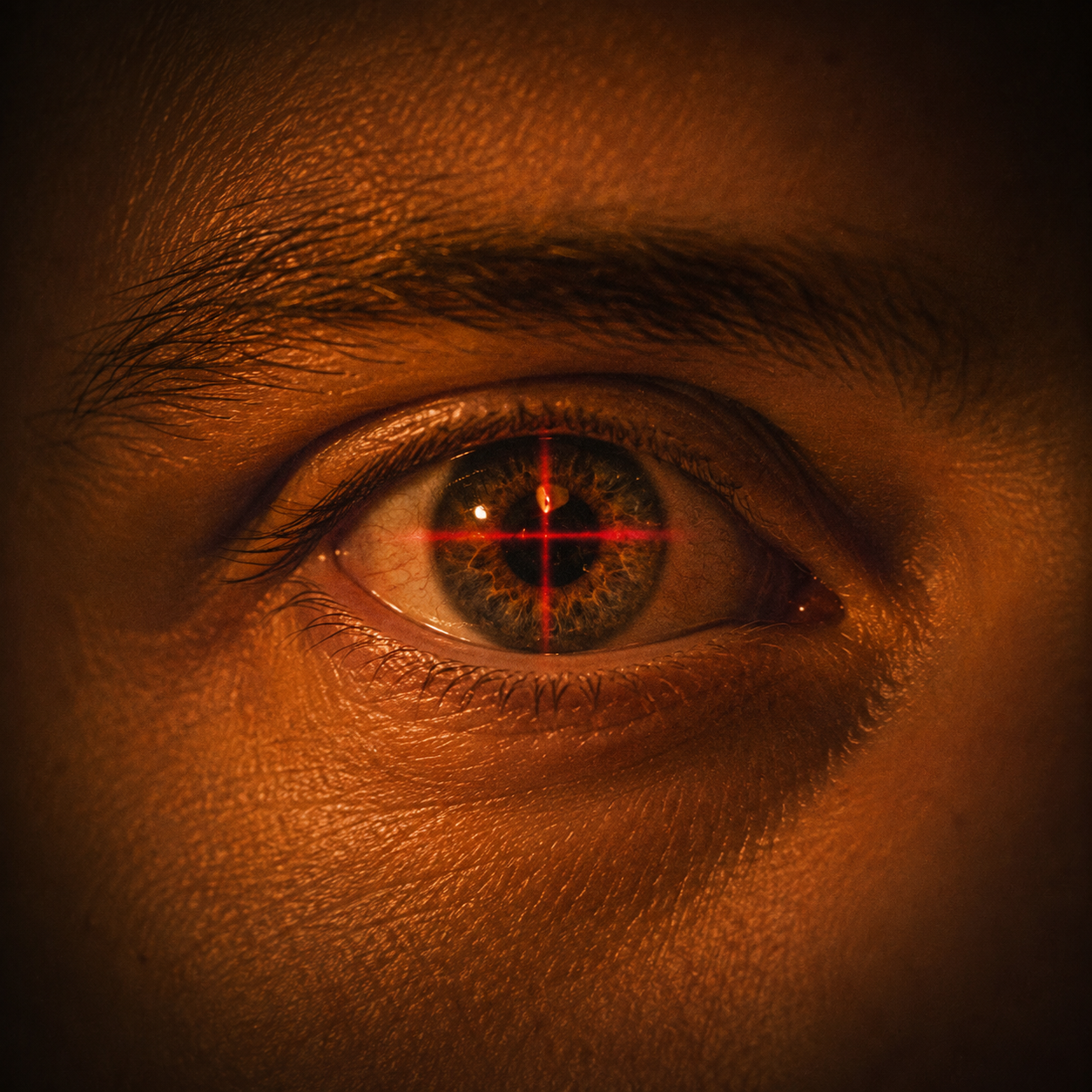 Close-up of an eye with a red laser crosshair focused on the iris