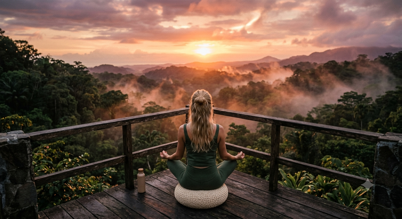 Woman meditating on a wooden deck above misty jungle at sunrise