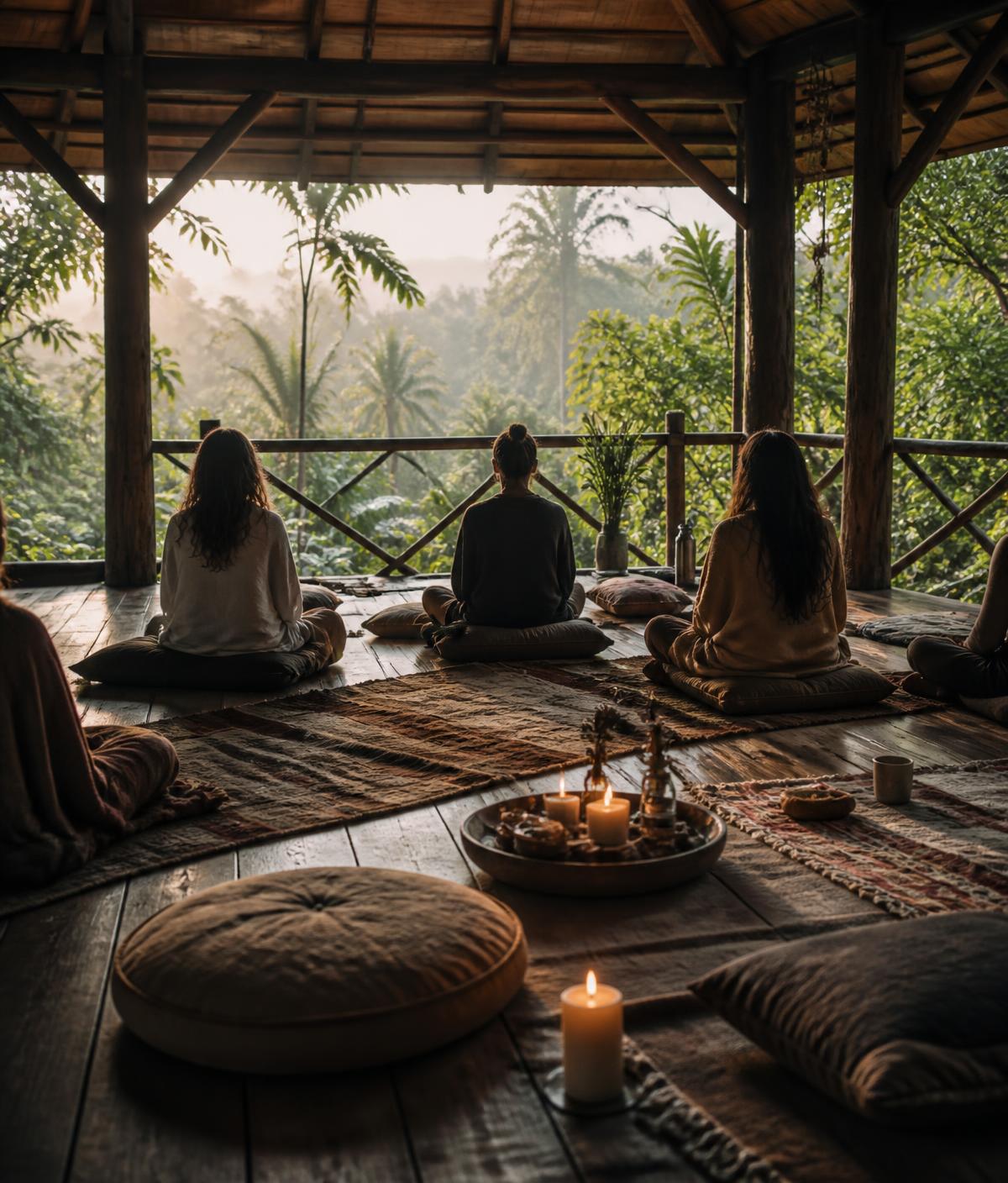 Small group seated in a circle in an open-air jungle pavilion at dawn